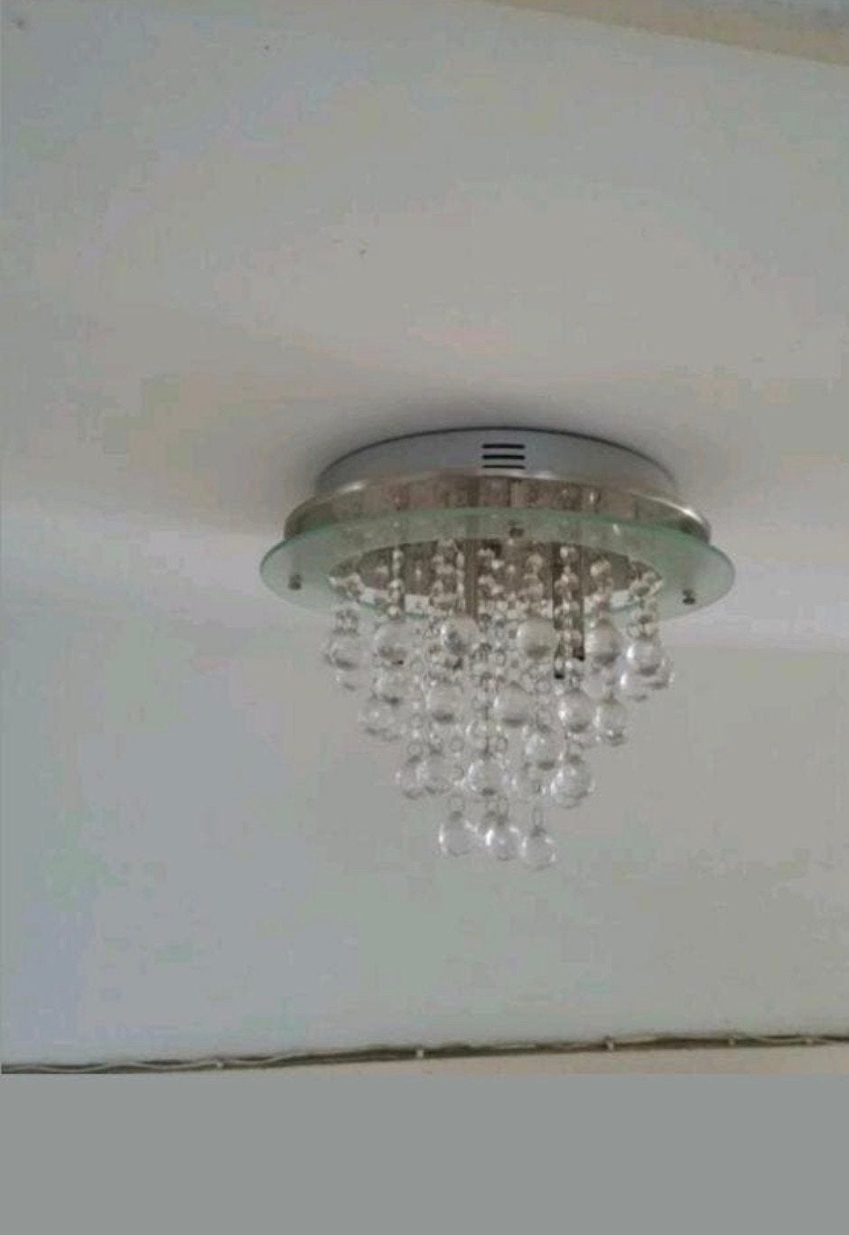 Moderne plafondlamp met kristallen druppels, Ophalen, Zo goed als nieuw, Glas, Overige fittingen
