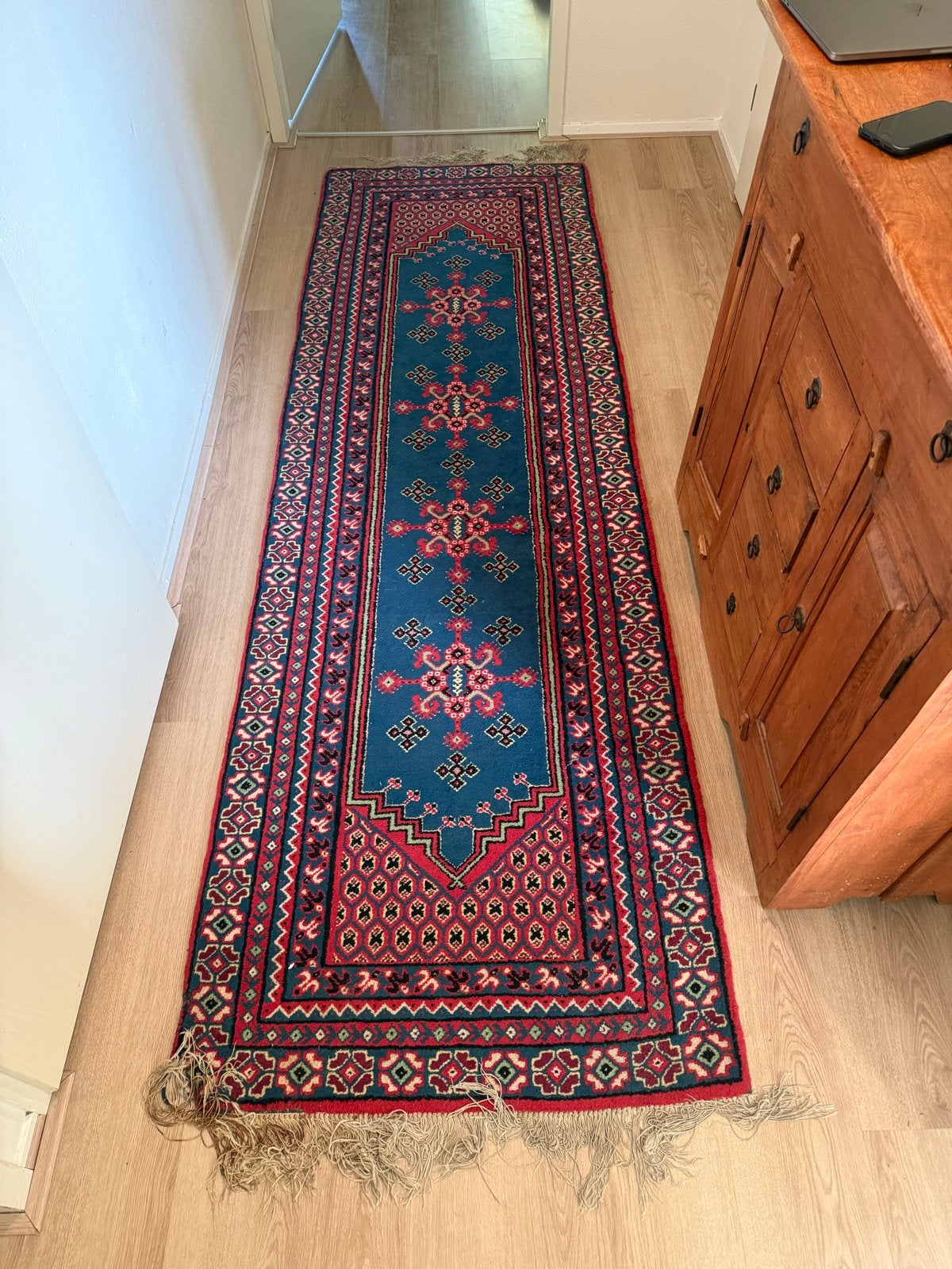 Vintage perzisch tapijt loper 2,70 x 0,85 m, Ophalen, Gebruikt, Blauw, 200 cm of meer