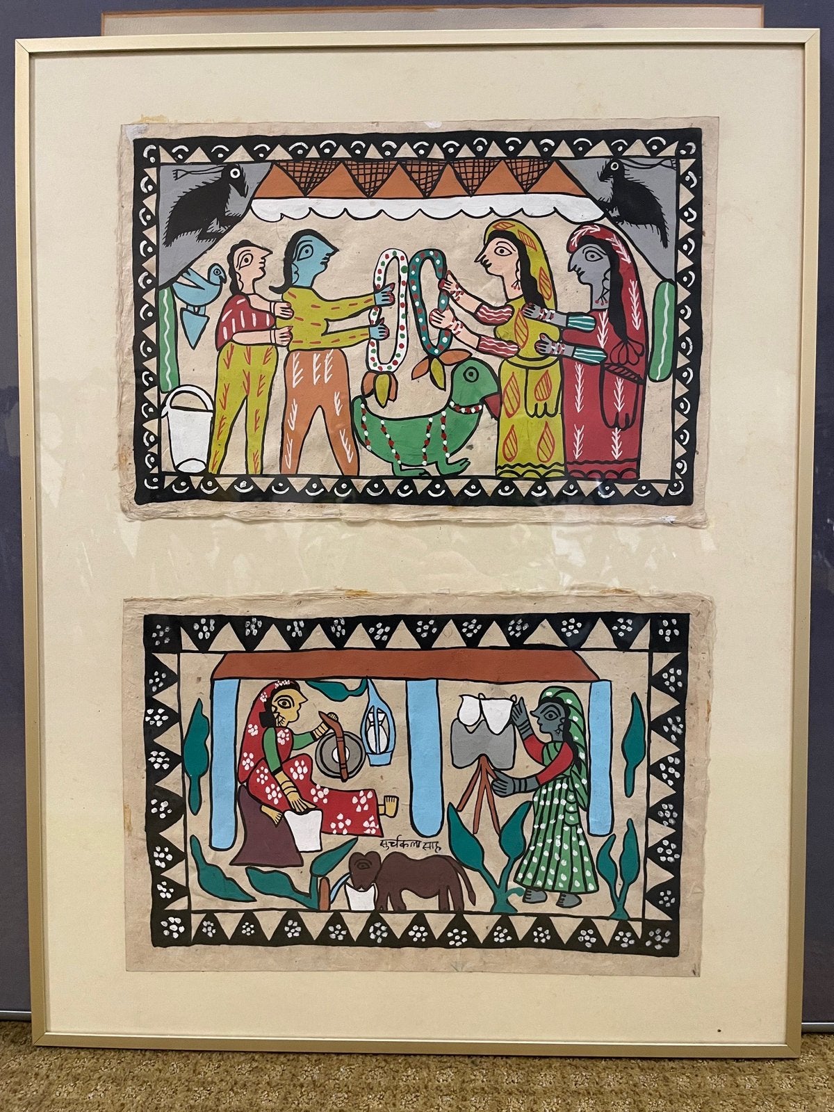 Indiase schilderijtjes op handgeschept papier - ingelijst, Schilderij, Papier/karton, Meerkleurig, Ophalen