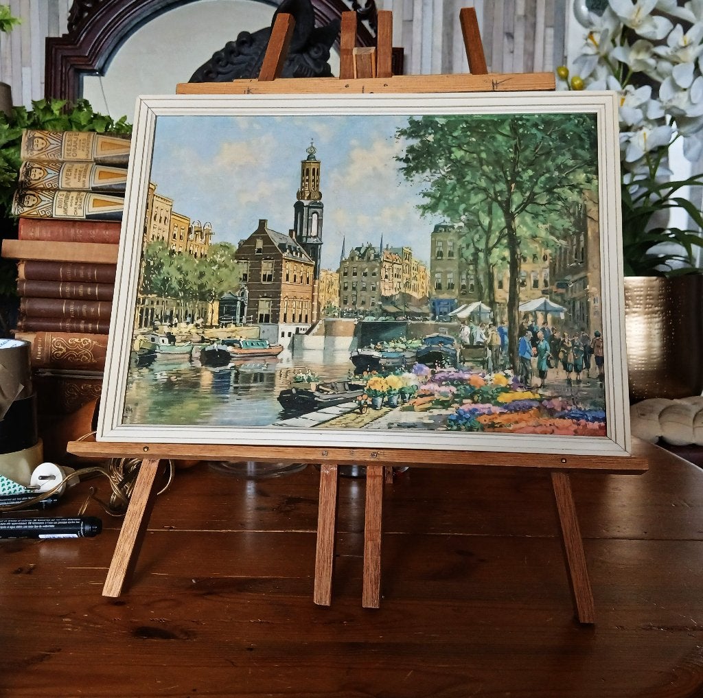 Vintage schilderij bloemgracht amsterdam 37 x 27,5 cm, Ophalen of Verzenden