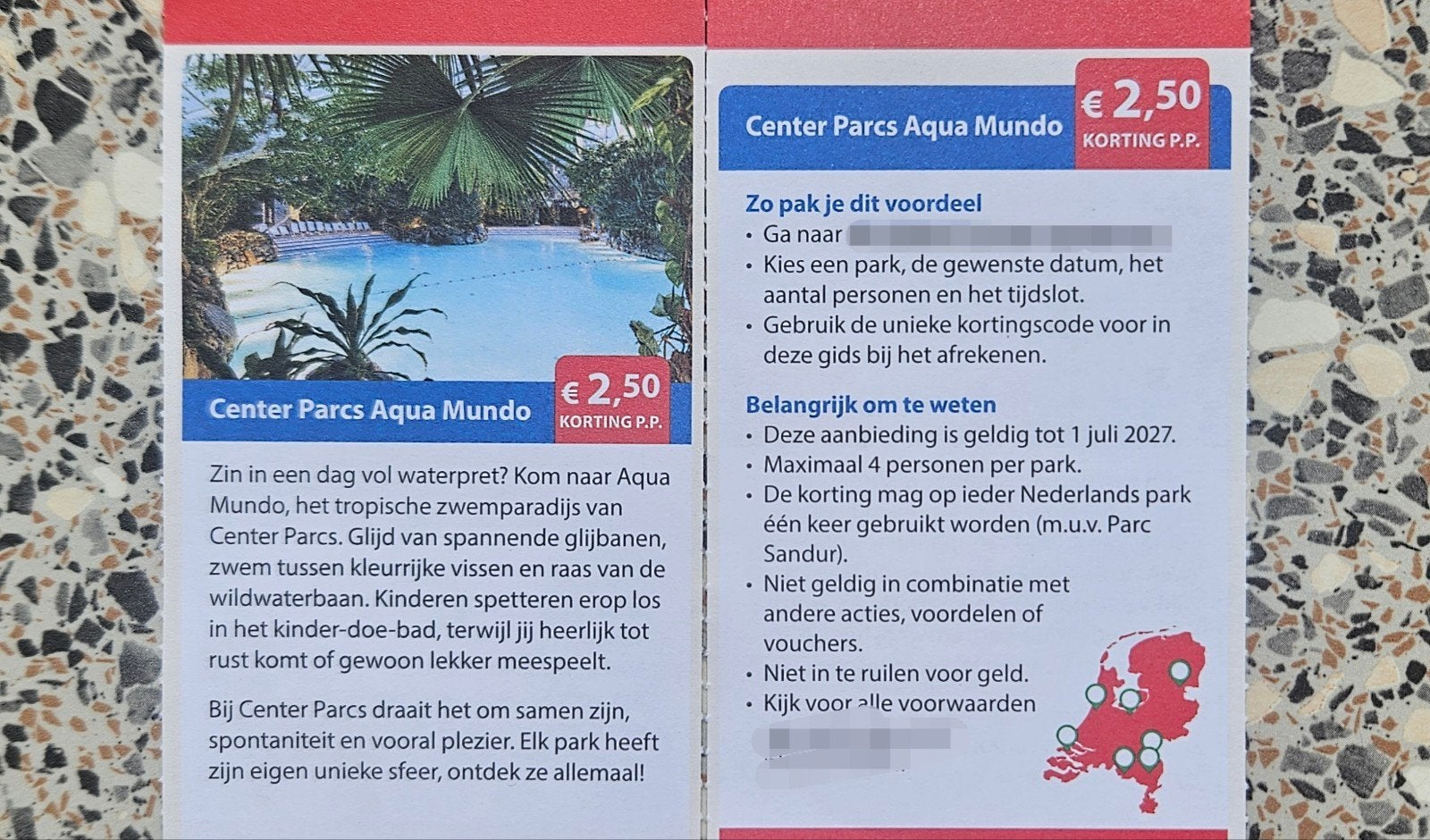 Center Parcs Aqua Mundo € 2,50 korting pp., Tickets en Kaartjes, Kortingen en Cadeaubonnen, Drie personen of meer, Kortingsbon