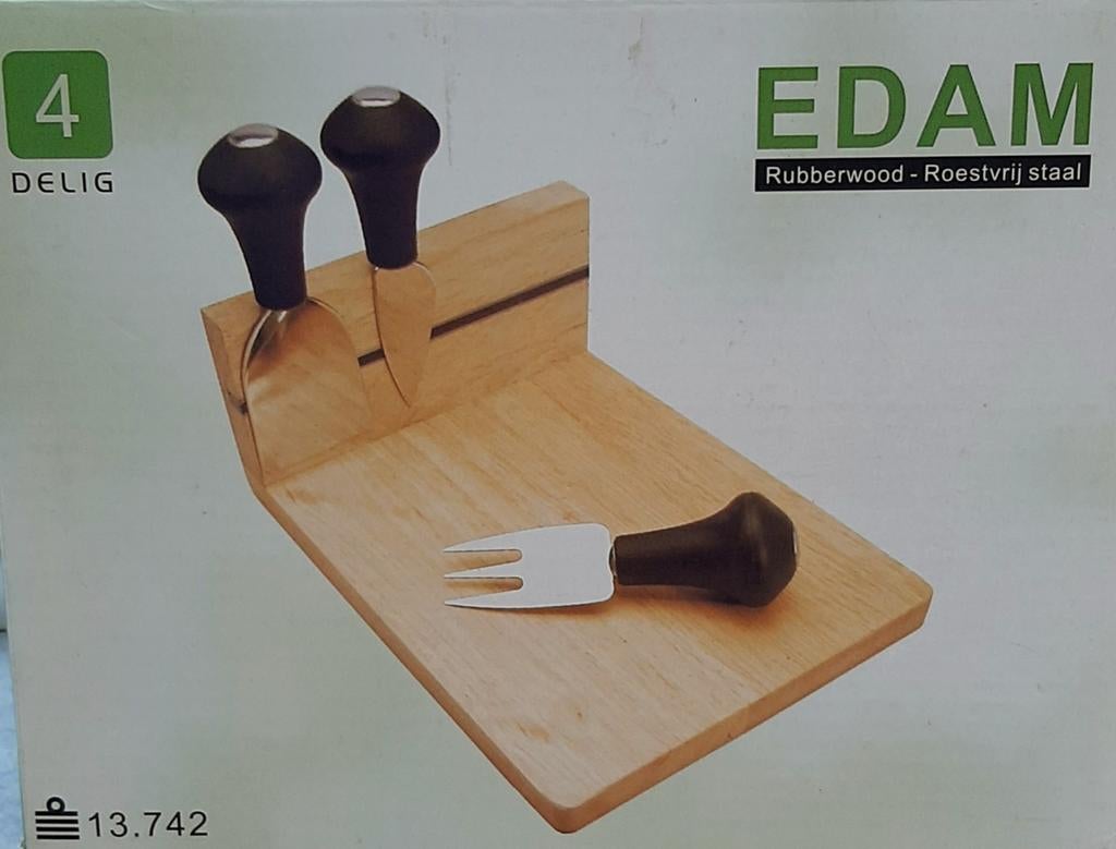 Edam Kaasplankje met 3-delige Kaasset - Rubberwood, Huis en Inrichting, Keuken | Keukenbenodigdheden, Nieuw, Snij-/serveerplank