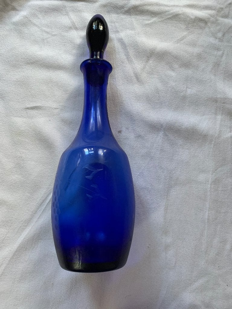 Vintage karaf, drankfles met twee bekers, Blauw, 25 cm, Met deksel, Ophalen of Verzenden