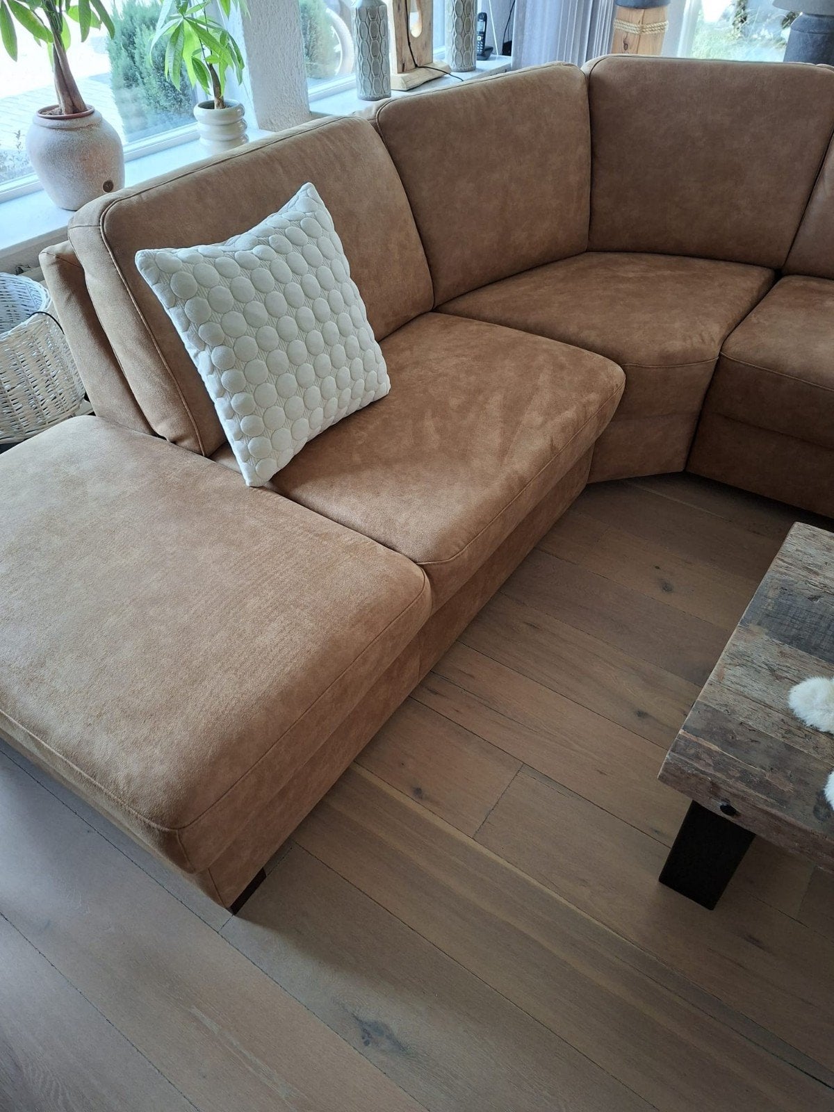 Grote hoekbank en fauteuil in cognac kleur, Huis en Inrichting, Banken | Bankstellen, Ophalen, 250 tot 300 cm, Gebruikt, 100 tot 125 cm