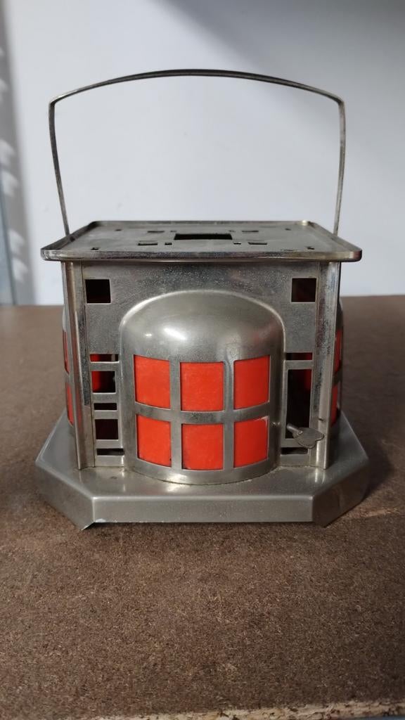 Vintage theelichthouder metaal met rood glas, Antiek en Kunst, Ophalen of Verzenden