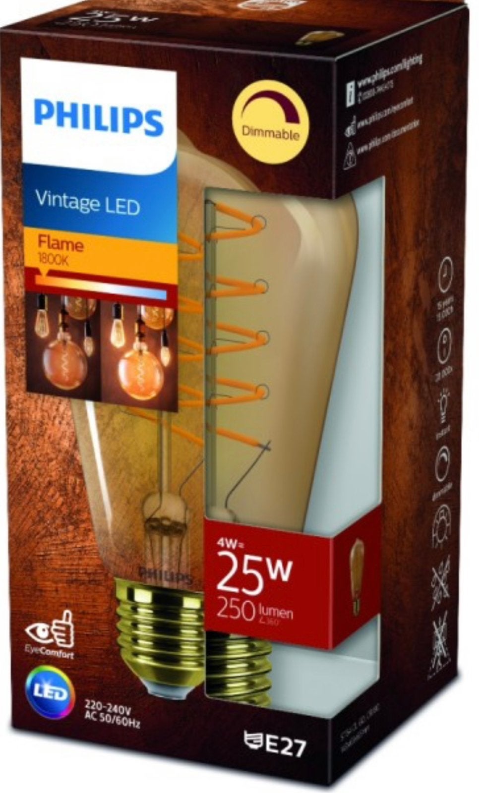 10 x Philips Vintage LED 4W Flame 1800k dimmable, Ophalen, Zo goed als nieuw, E27 (groot), Led-lamp