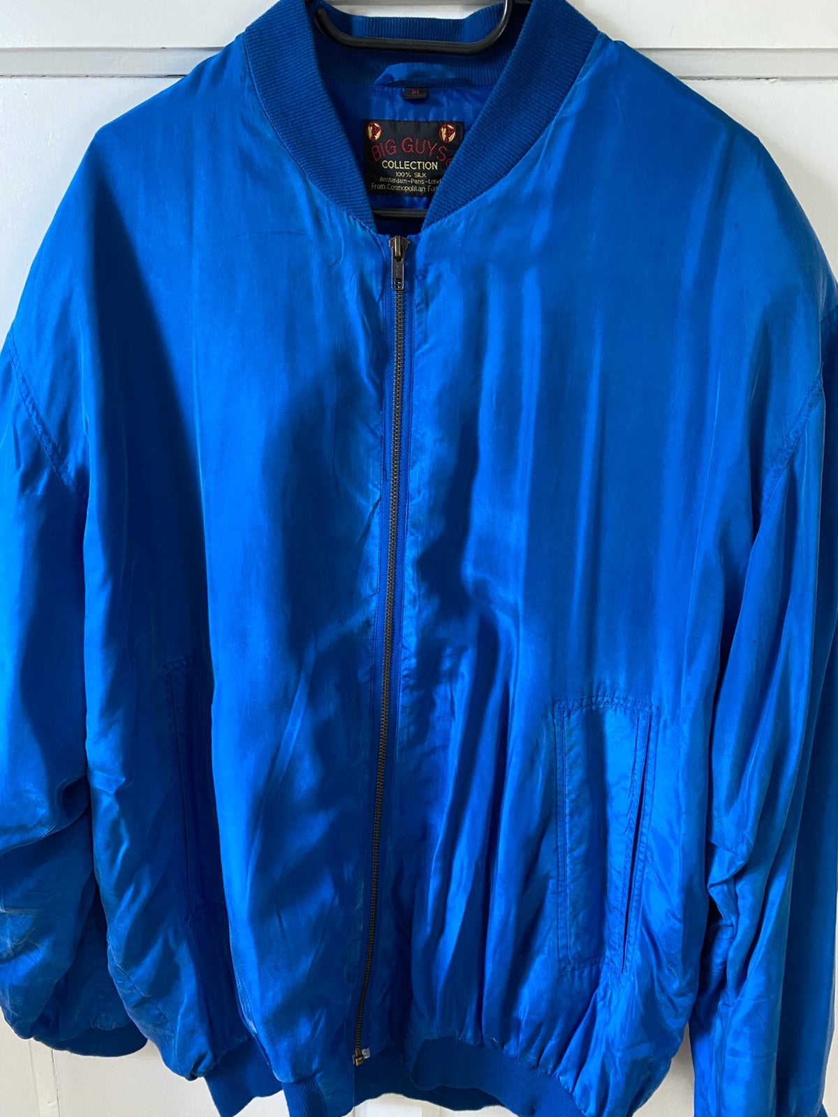 Vintage bomber jas jack Big guy’s blauwe zuiver zijde M, Ophalen of Verzenden, Zo goed als nieuw, Maat 48/50 (M), Blauw