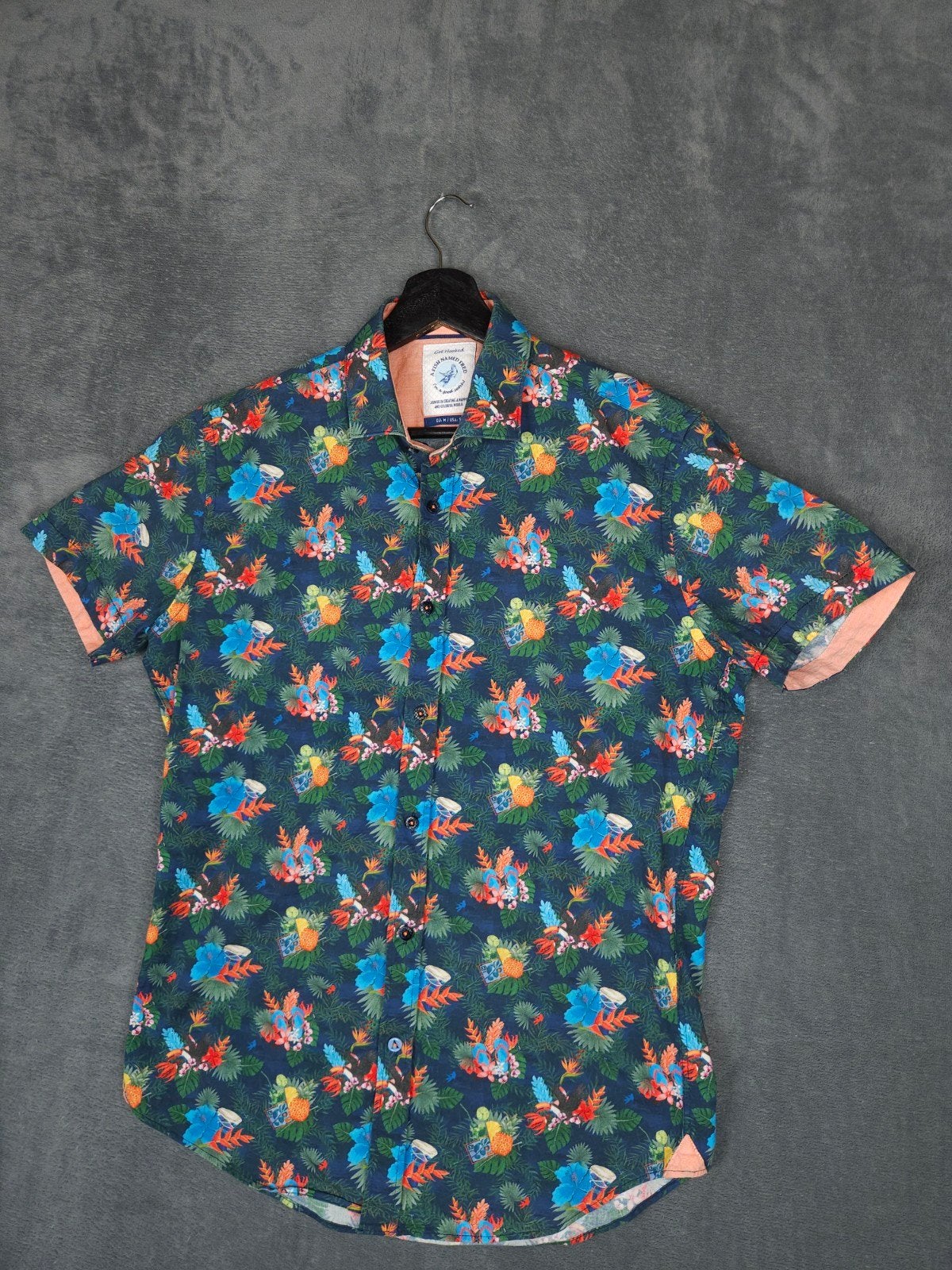 A Fish Named Fred Overhemd M Blauw Bloemen Tropisch Korte Mo, Blauw, ., A Fish Named Fred, Zo goed als nieuw