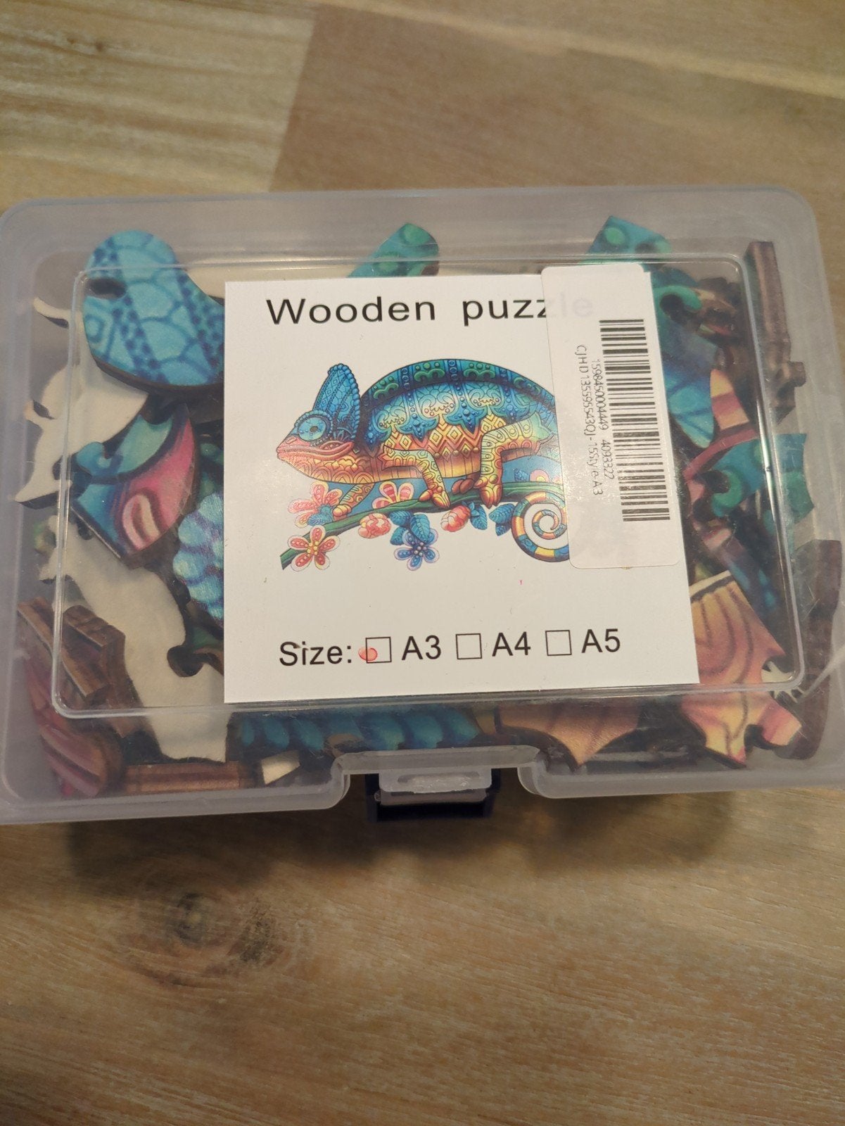 Houten puzzel Kameleon A3, Hobby en Vrije tijd, Denksport en Puzzels, Ophalen of Verzenden, Minder dan 500 stukjes, Zo goed als nieuw