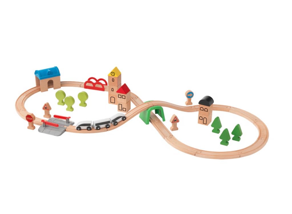 Grote houten treinbaan met rails & bruggen, Kinderen en Baby's, Ophalen, Zo goed als nieuw, Duw- of Trekspeelgoed