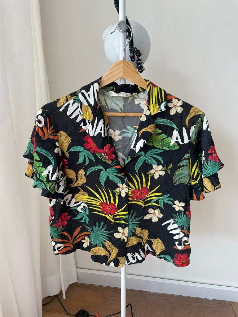 Mango Blouse met Tropische Print - Zwart, Ophalen of Verzenden, Zo goed als nieuw, Maat 36 (S), Zwart