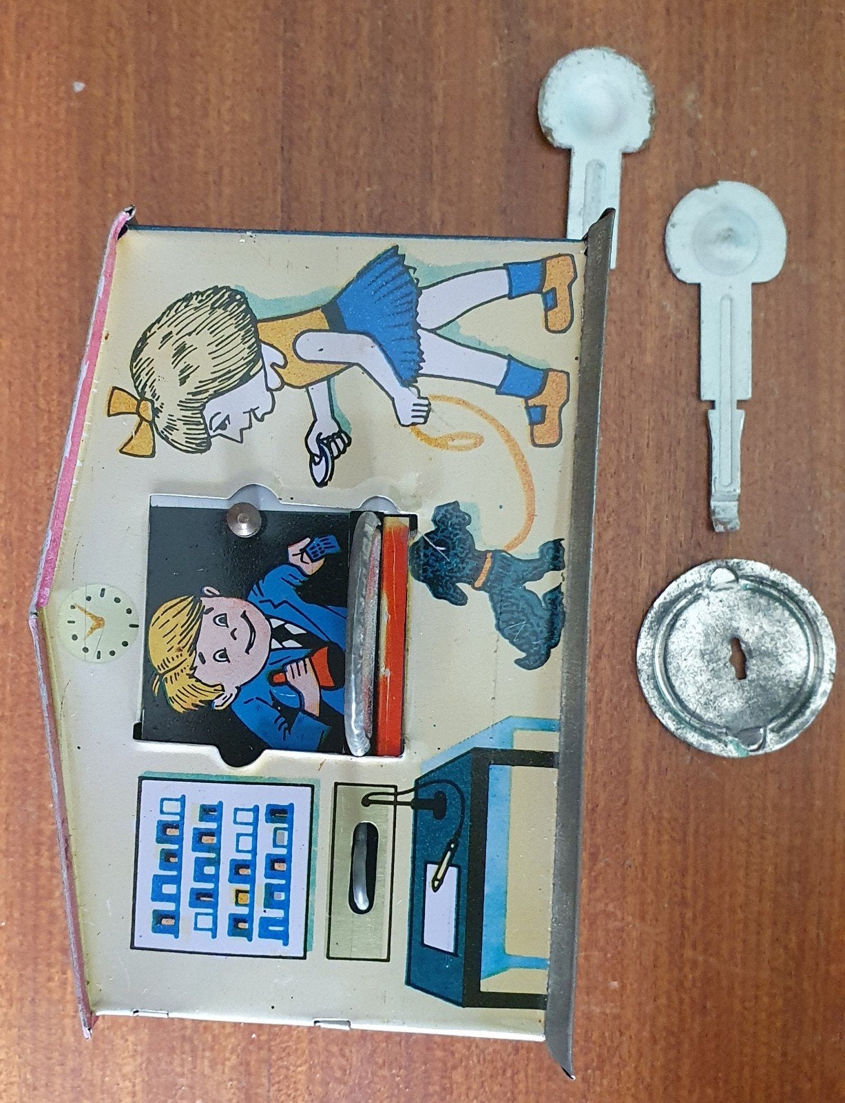 Vintage blikken spaarpot 'Beauty Saving Bank' met sleutel, Verzamelen, Spaarpotten, Ophalen of Verzenden, Gebruikt, Metaal of Blik