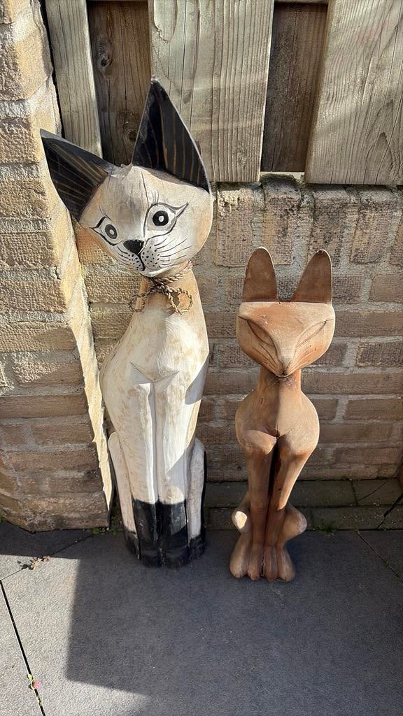 2 houten katten beelden / vintage, Verzamelen, Beelden en Beeldjes, Ophalen, Gebruikt, Dier