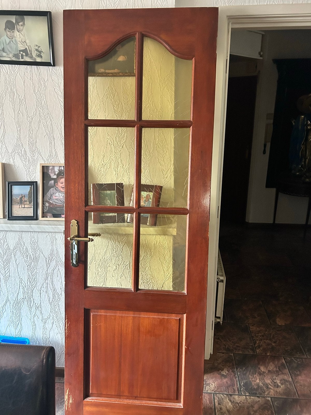 Houten binnendeur met glas en messing beslag, Gebruikt, 80 tot 100 cm, Binnendeur, Ophalen of Verzenden