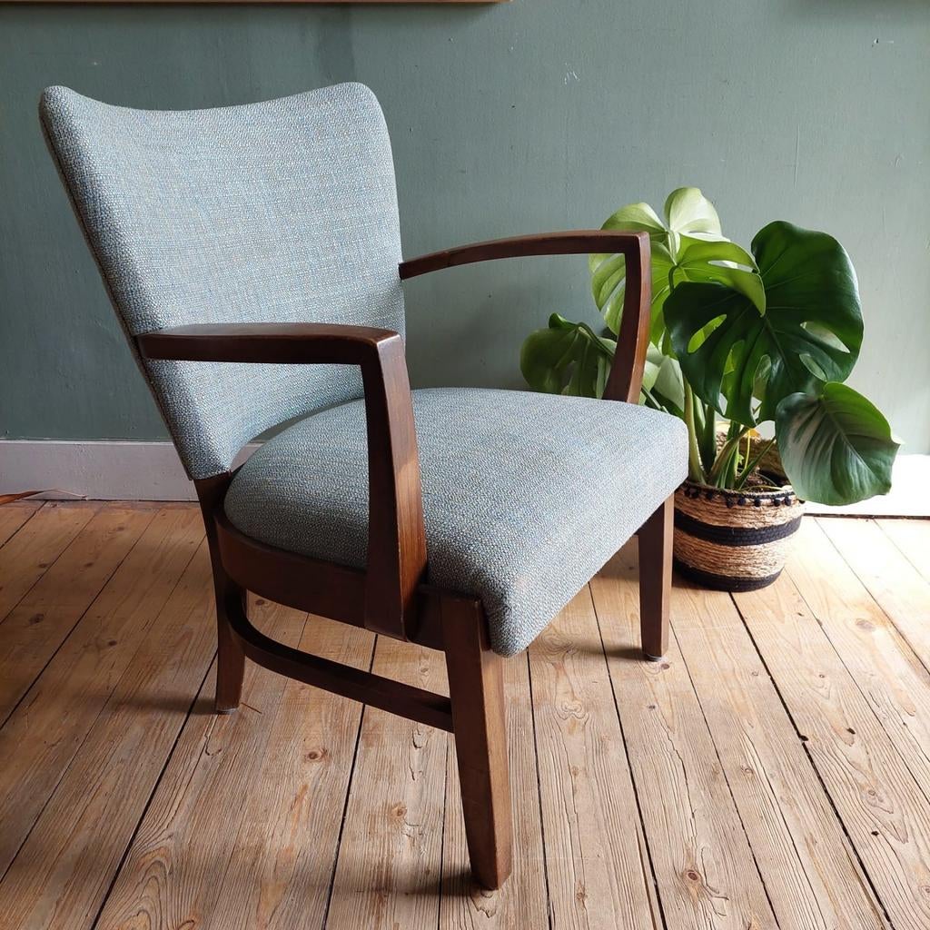 Lucky Vintage Deense stijl vintage stoel laag model, Huis en Inrichting, Ophalen, Deens, Blauw, .