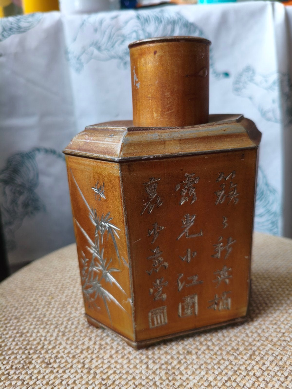 antieke Chinese zeshoekige theebus van Dian Tong ca. 1900, 16 cm, Bruin, Doos, Ophalen of Verzenden