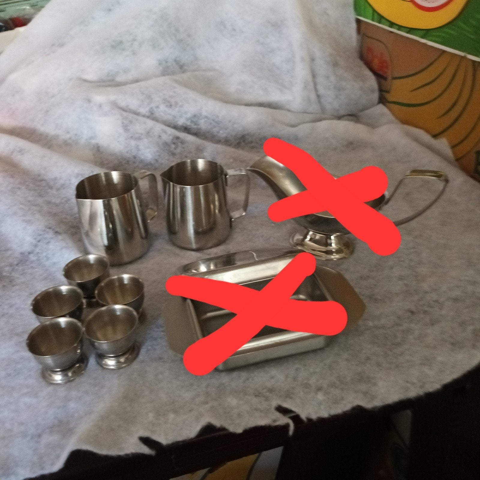 RVS Servies : Sauskom, Melkkannetjes, Eierdop, botervloot, Huis en Inrichting, Gebruikt, Overige typen, Ophalen of Verzenden, Overige stijlen