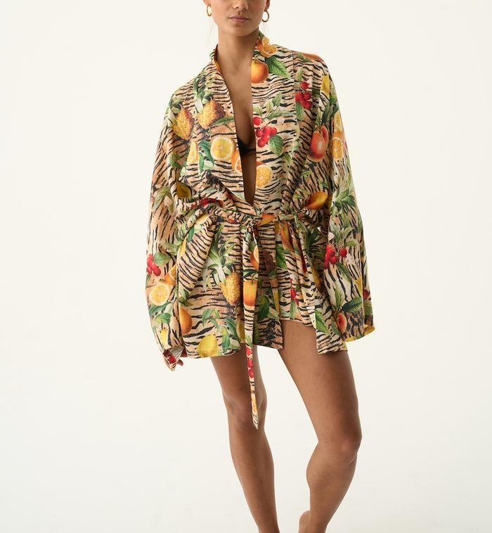 Zomerse Kimono met Fruitprint en Tijgerstrepen, Maat 38/40 (M), Overige kleuren, Ophalen of Verzenden, Zo goed als nieuw