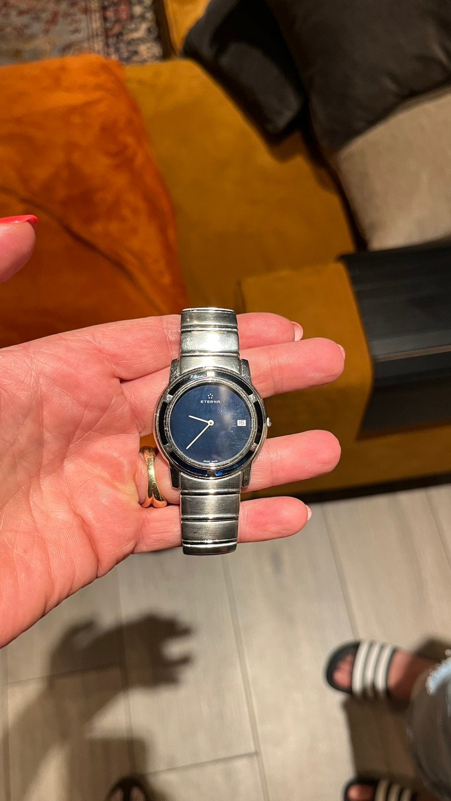 Eterna Swiss Made Quartz herenhorloge – origineel – blauw, Ophalen of Verzenden, Zo goed als nieuw, Staal, Overige merken