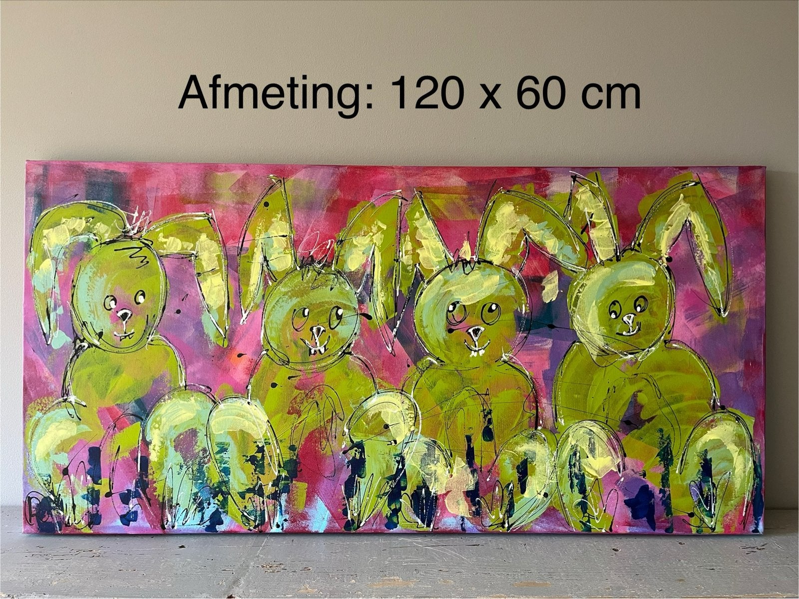 Vrolijk schilderij met konijnen, 120x60 cm, Antiek en Kunst, Ophalen, Acrylverf, Handgeschilderd, Dieren
