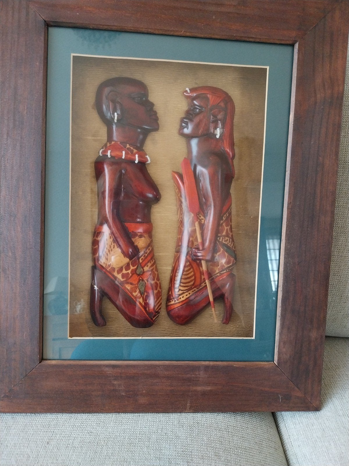 Ingelijst Afrikaans  3D houten beeld van man en vrouw, Bruin, Afrika, Gesneden, Beeld