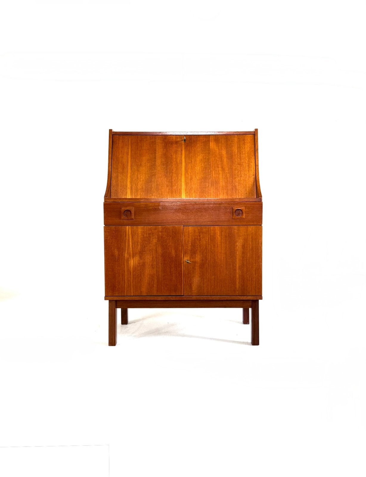 Vintage teakhouten secretaire ‘60, Vintage retro buisframe design rotan webbing papercord deens, Ophalen of Verzenden, Zo goed als nieuw