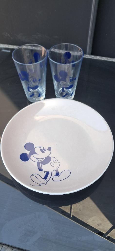 Mickey mouse bord en glas, Ophalen, Mickey Mouse, Zo goed als nieuw, Servies