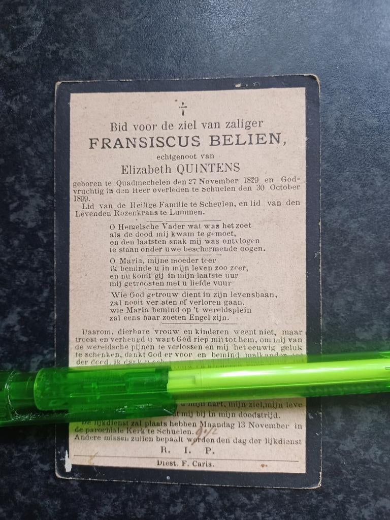 Bidprentje Quadmechelen Franciscus Belien 1829 1899, Ophalen, Bidprentje