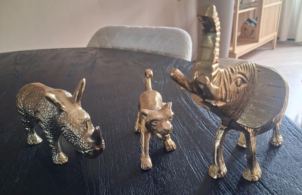 3 Goudkl.metalen beeldjes Neushoorn, Tijger, Olifant, Huis en Inrichting, Woonaccessoires | Overige, Ophalen of Verzenden, Gebruikt