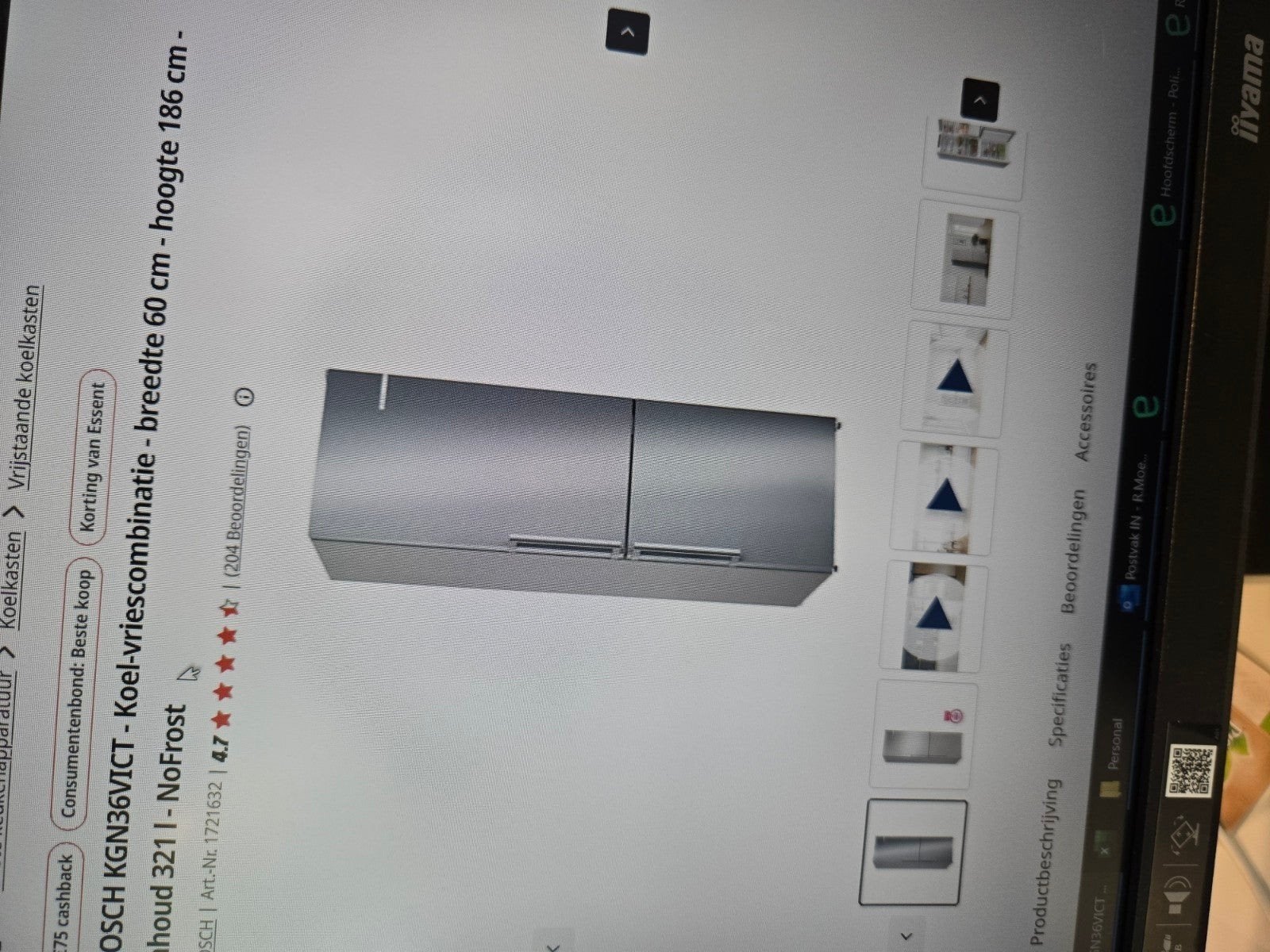 BOSCH KGN36VICT Koel-vriescombinatie NoFrost 321L, Witgoed en Apparatuur, Koelkasten en IJskasten, Gebruikt, 200 liter of meer