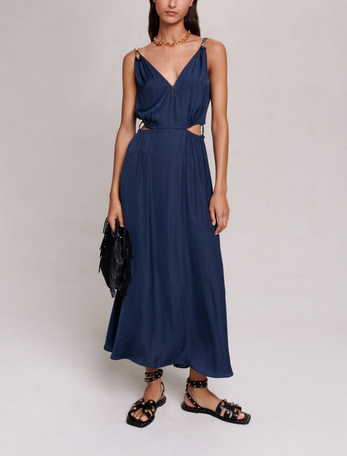 Maje Donkerblauwe jurk met cut-outs, Maat 38/40 (M), Blauw, Ophalen of Verzenden, Onder de knie