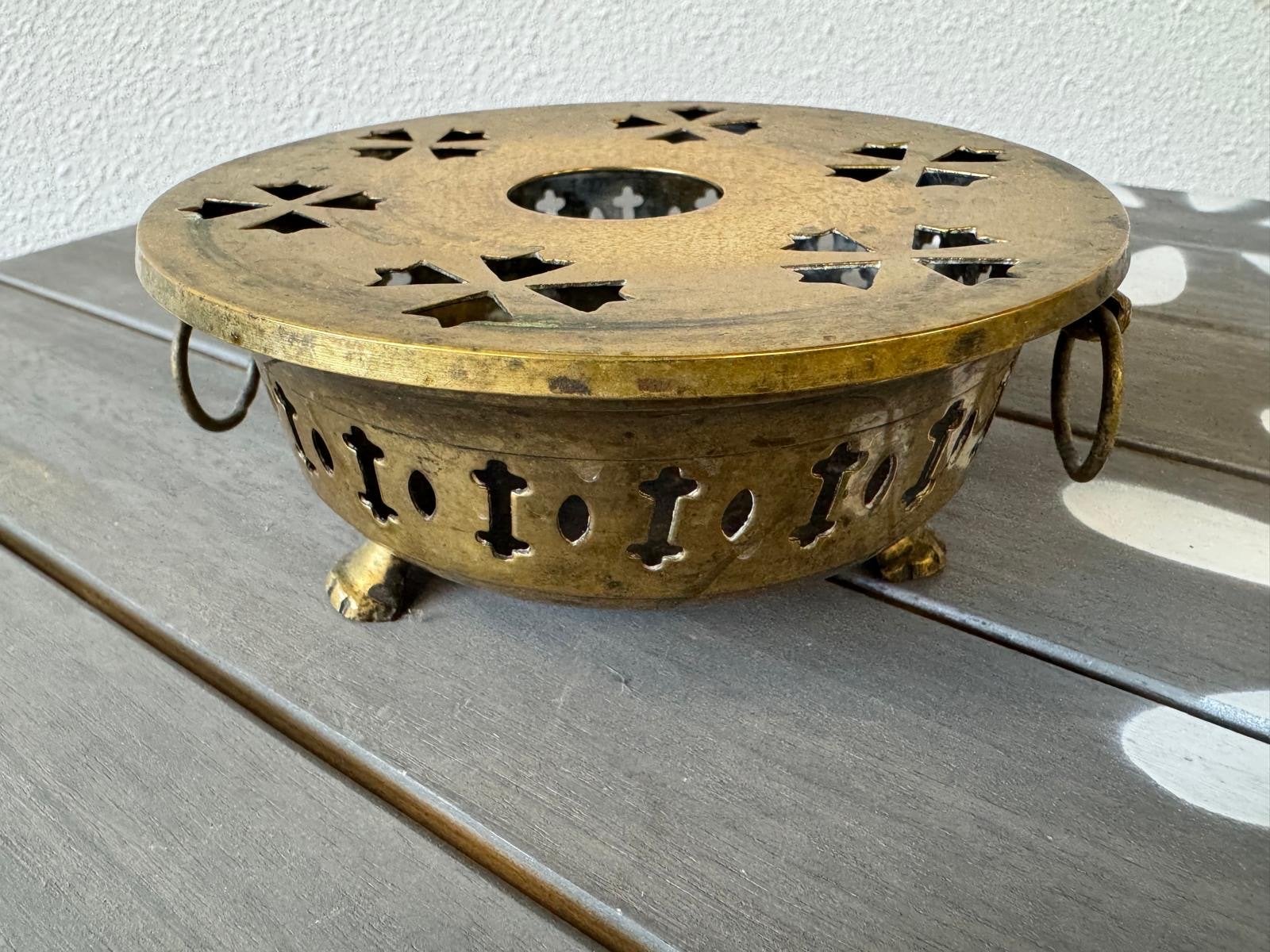 Antiek Messing Theelichtje met Uitgesneden Patroon, Ophalen of Verzenden, Koper