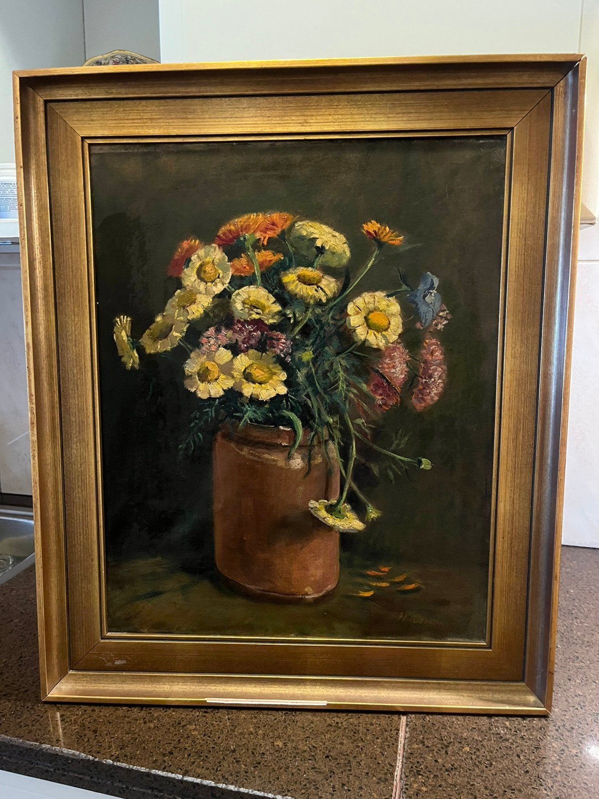 Antiek olieverf bloemen stilleven schilderij, Ophalen