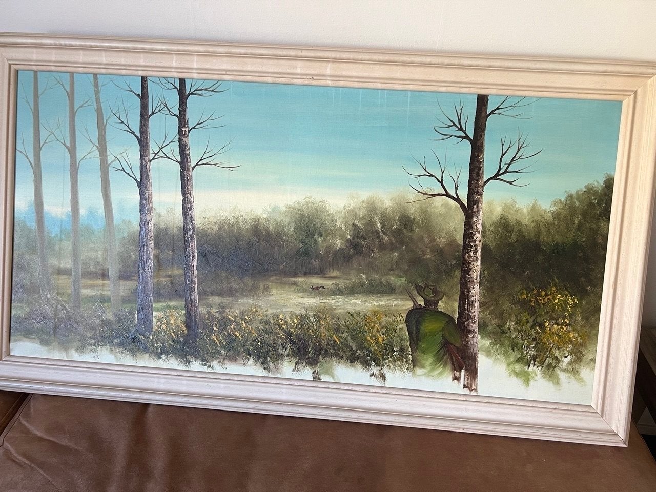 Groot landschapsschilderij jachttafereel met lijst–12060 cm, Antiek en Kunst, Kunst | Schilderijen | Klassiek, Doek, Realistisch