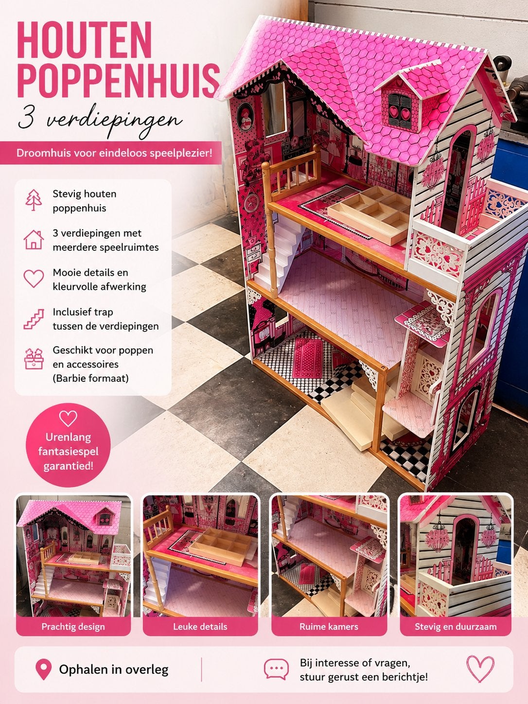 Large wooden dollhouse – sturdy & super fun to play with, Ophalen, Zo goed als nieuw, Poppenhuis