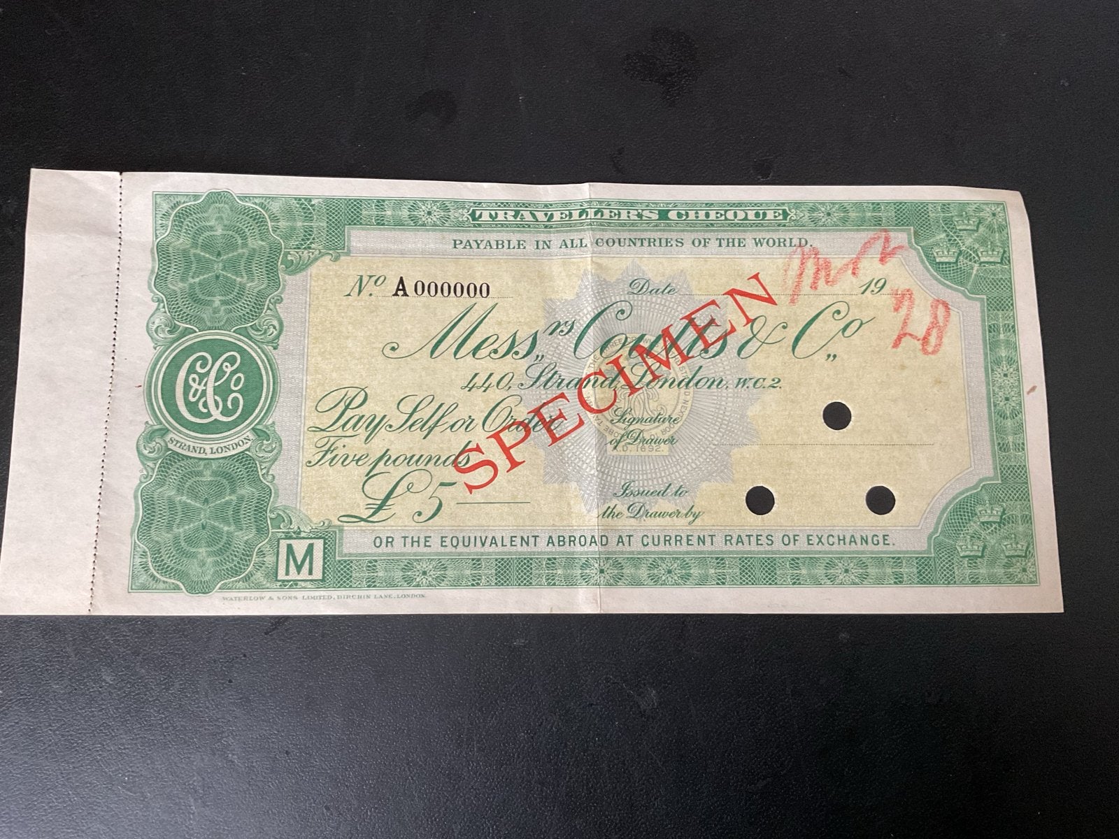 Zeldzame Mess"rs Cook & Co. 5 Pond Specimen Reischeque, Verzenden, Los biljet