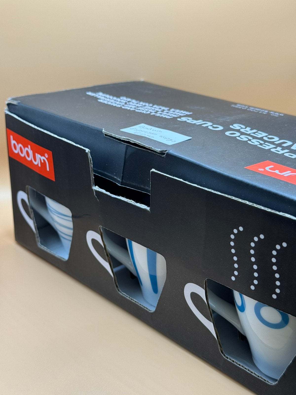 Bodum Espresso kopjes set 6 stuks kop en schotels blauw wit, Ophalen of Verzenden, Zo goed als nieuw, Overige stijlen, Kop(pen) en/of Schotel(s)