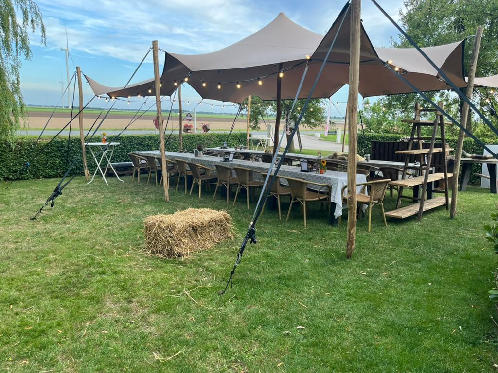 Stretchtent te huur 8x5,5 meter, Tuin en Terras, Ophalen of Verzenden, Zo goed als nieuw, 8 meter of meer, 6 meter of meer