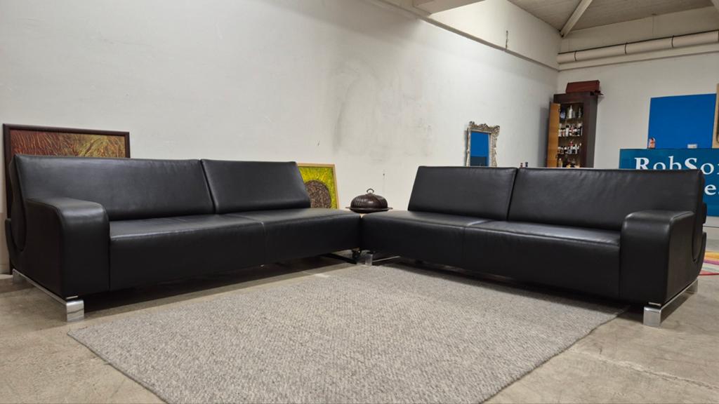 Exclusieve zwarte leren Leolux B flat top design bank!!!, Modern design, Leolux B flat, zwart leer, Hoekbank, Ophalen of Verzenden