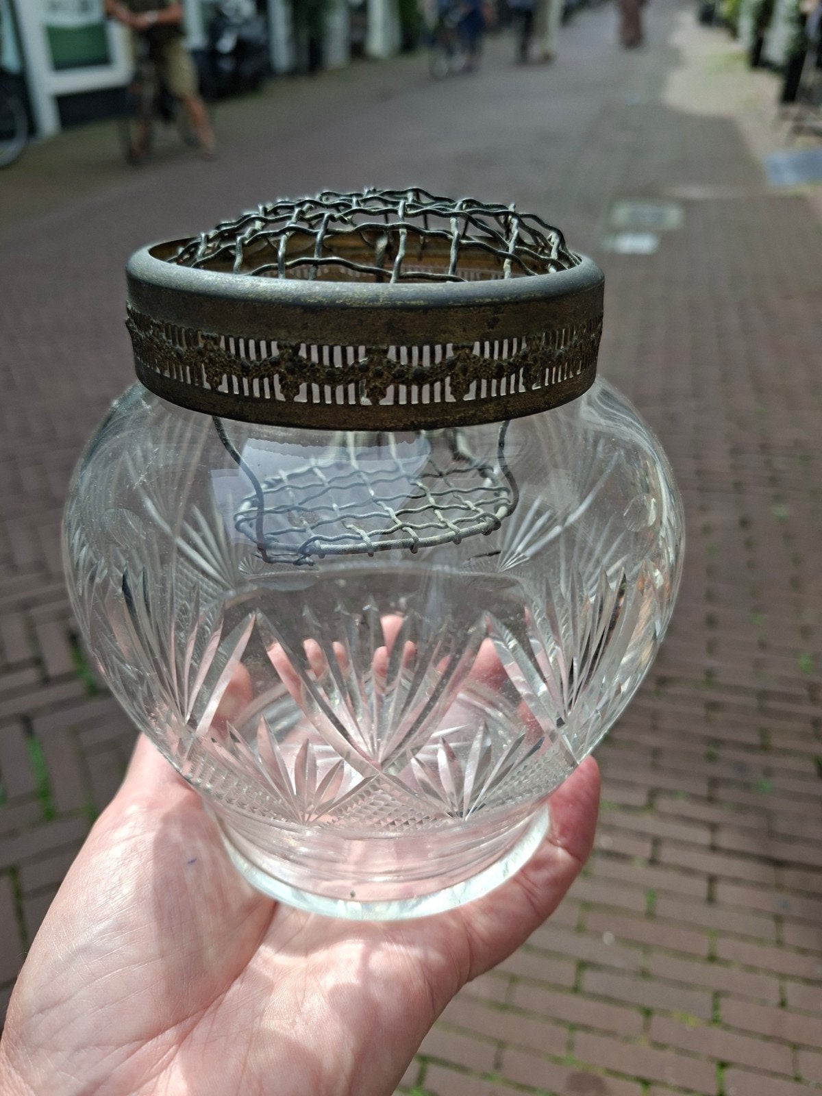 Antieke glazen bloemsteker pique fleurs metalen rooster, Antiek en Kunst, Ophalen of Verzenden