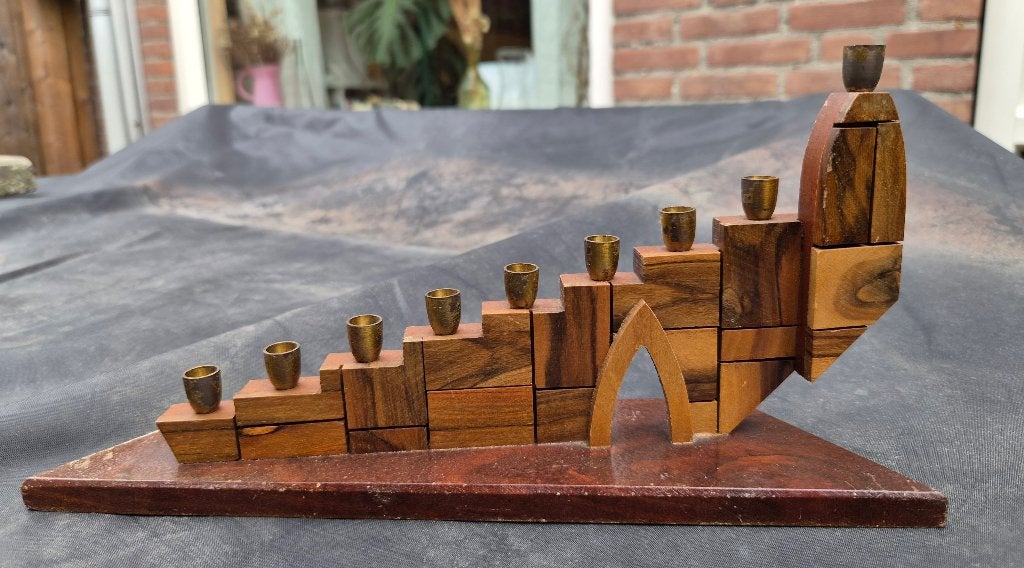~1950 joodse Menorah kandelaar olijf hout, Made in Israel, Ophalen of Verzenden, Overige materialen