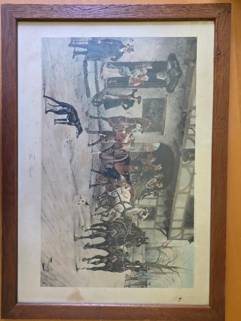 Antieke prent 'The Start' - Jachttafereel, ingelijst, Antiek en Kunst, Kunst | Etsen en Gravures, Overige technieken, Gesigneerd
