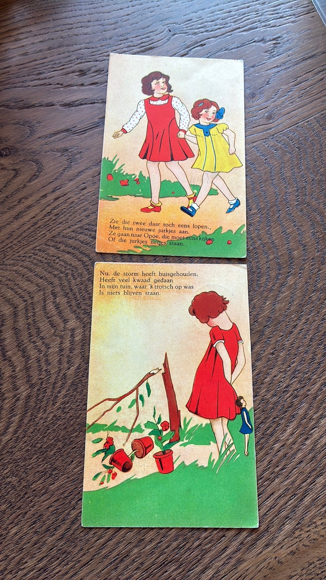 2 kinderkaarten met rijm.Op bezoek bij Opoe en storm, Ophalen of Verzenden, 1920 tot 1940, Gelopen, Sterren en Beroemdheden