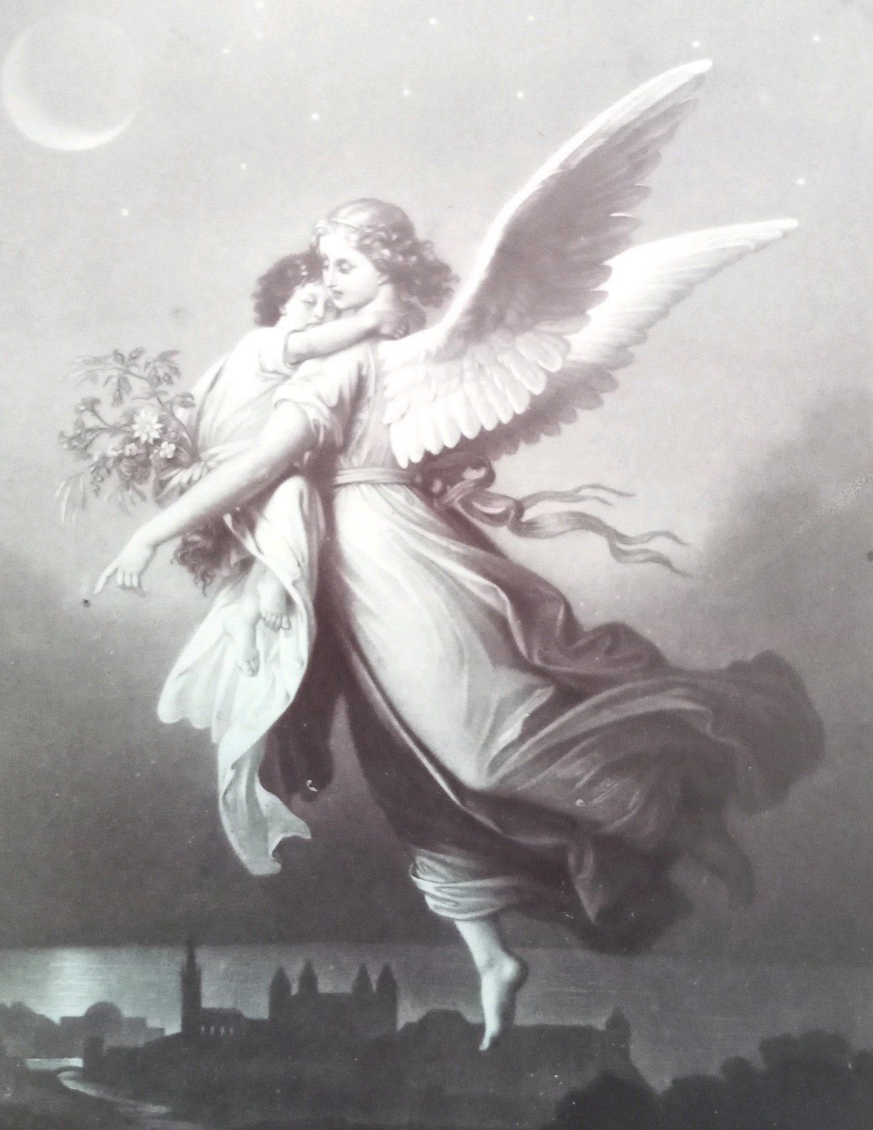 Antieke foto engel met bloemen, 'Zu Gott',, Ophalen of Verzenden, Voor 1940, Gebruikt