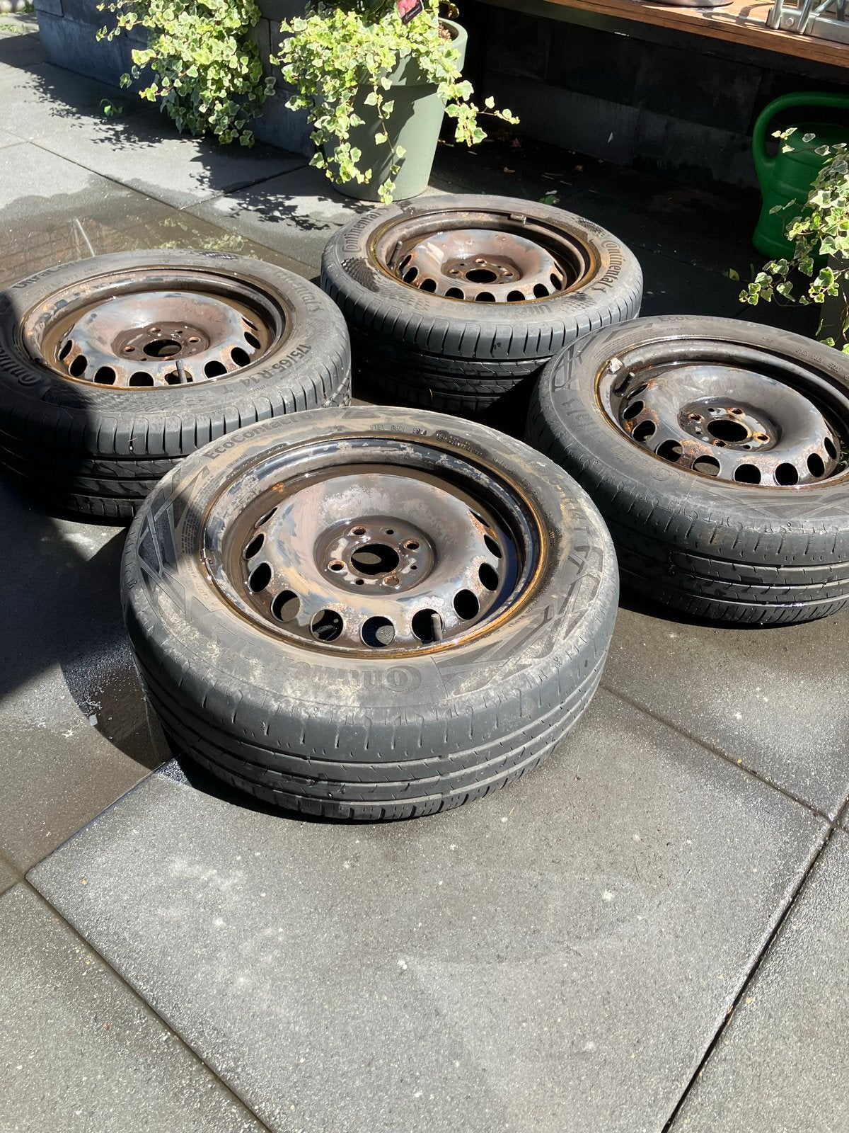Set van 4 gebruikte zomerbanden 175/65/14 met stalen velgen, Ophalen, Gebruikt, 15 inch, Banden en Velgen