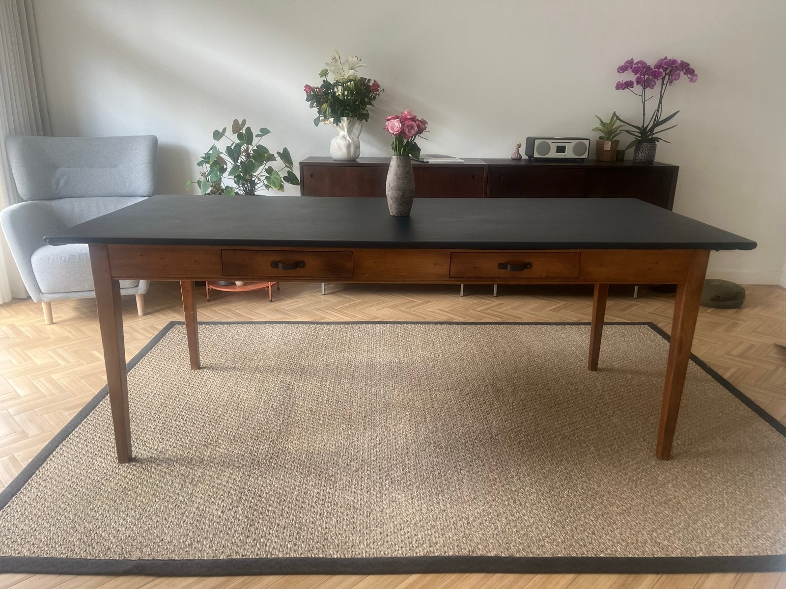 Luxe Kersenhouten Eettafel met Leren Blad en Lades, Huis en Inrichting, Tafels | Eettafels, Gebruikt, 50 tot 100 cm, 200 cm of meer