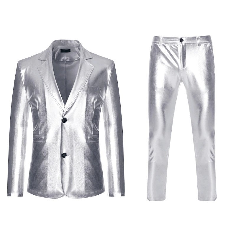 Heren zilveren kostuum pak blazer zilver colbert broek feest, Verzenden, Nieuw, Overige maten, Zilver