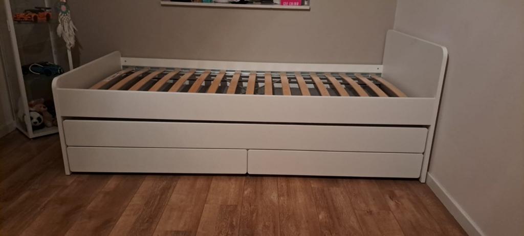 Ikea Släkt bed met uitschuifbaar bed en opberglades, Ophalen, Gebruikt, 90 cm, Wit
