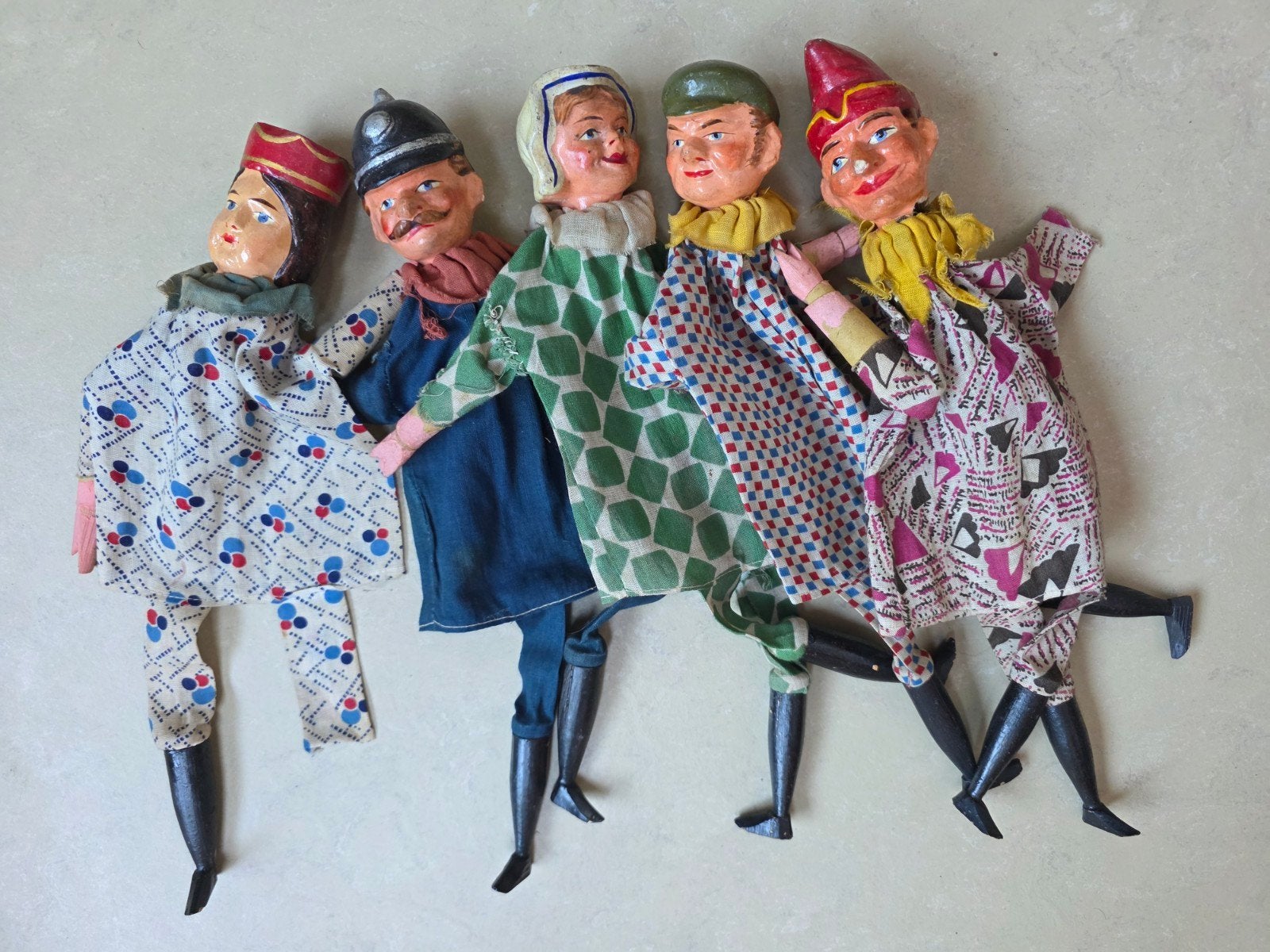 5 Antieke poppenkast poppen met papier-maché hoofdjes, Ophalen of Verzenden