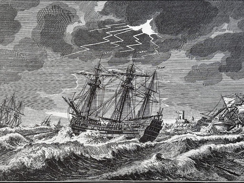 Vintage marineprent - Frans oorlogsschip in een storm, Antiek en Kunst, 40 cm, 1950 - 1999, Overige technieken, 50 cm